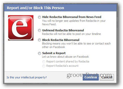 raport facebook - opțiuni de blocare