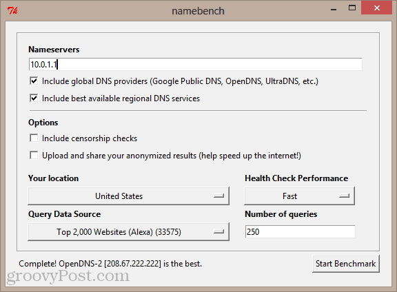 GUI di namebench in Windows 8