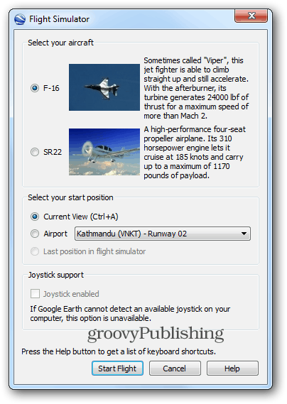 Flight Simulator aplikace Google Earth