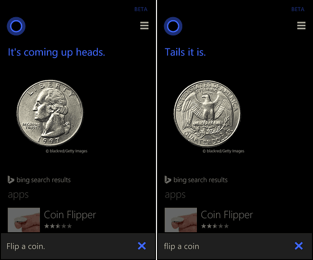 Lancia una moneta o lancia i dadi con Cortana su Windows Phone 8.1