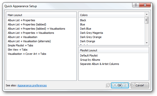 foobar2000 quikc उपस्थिति सेटअप लेआउट रंग प्लेलिस्ट लेआउट दिखता है