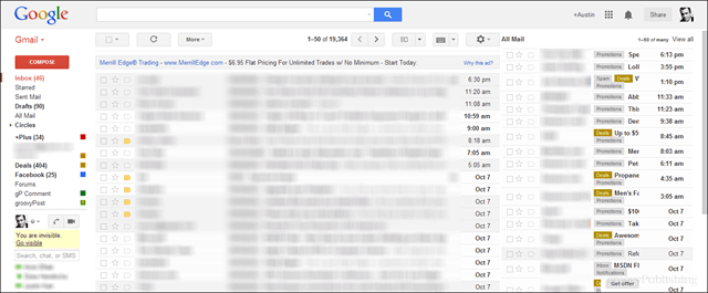 สกรีนช็อตตัวอย่างของ gmail พร้อมเมลทั้งหมดในบานหน้าต่างที่ 2 ทางด้านขวา