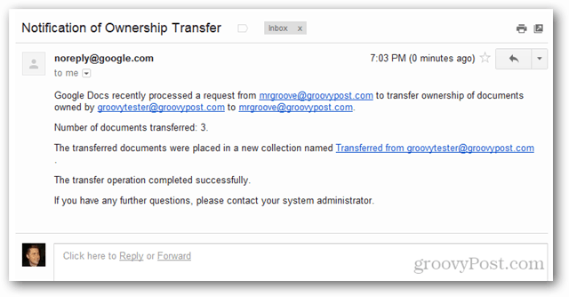 Google ऐप्स स्वामित्व हस्तांतरण ईमेल की सूचना