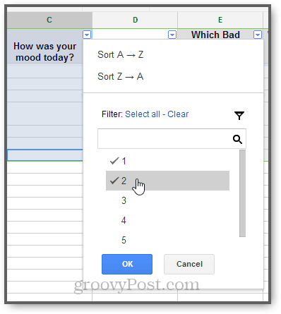 fitler google spreadsheet reacties