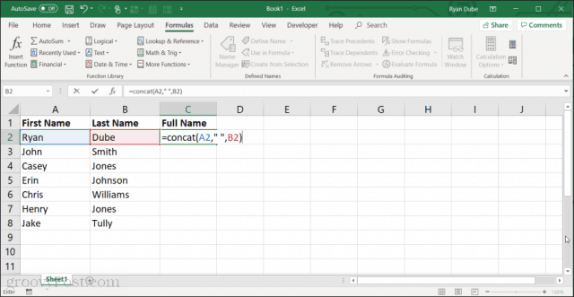 използване на concat функция в excel