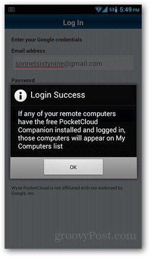 PocketCloud-एंड्रॉयड साइन इन नहीं हुए