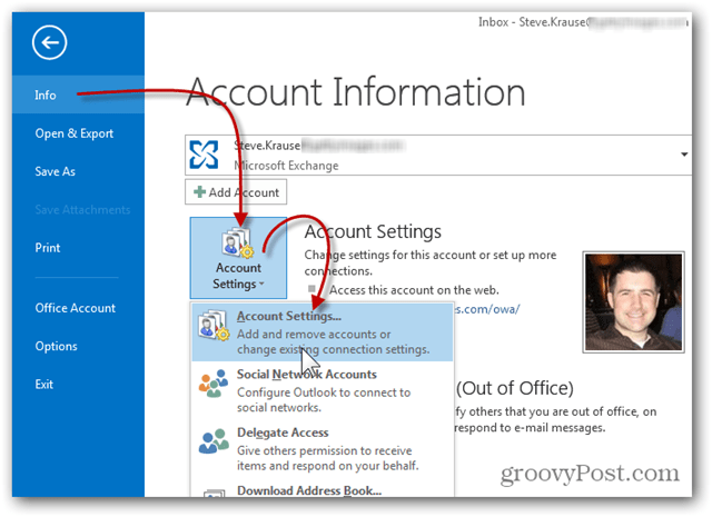 Προσθήκη γραμματοκιβωτίου Outlook 2013 - Κάντε κλικ στις Ρυθμίσεις λογαριασμού πληροφοριών