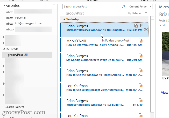 Cartella Feed RSS in Outlook