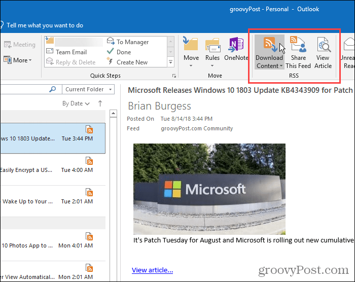 Sezione RSS nella scheda Home in Outlook