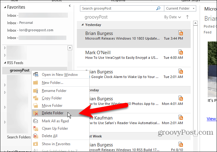 Elimina una sottocartella Feed RSS in Outlook
