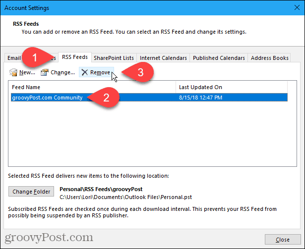 Cliquez sur Supprimer dans l'onglet Flux RSS de la boîte de dialogue Paramètres du compte dans Outlook.