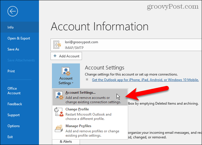 Seleziona Impostazioni account in Outlook