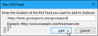 Nuova finestra di dialogo Feed RSS in Outlook