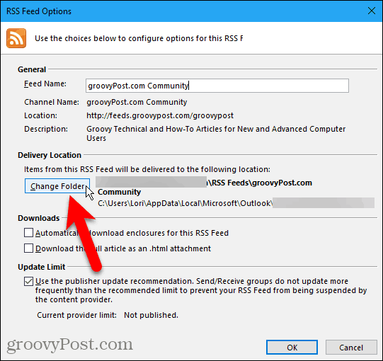 Cliquez sur Changer de dossier dans la boîte de dialogue Options de fil RSS dans Outlook