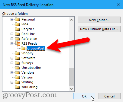 Изаберите фасциклу РСС фееди у програму Оутлоок