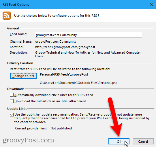 Fermer la boîte de dialogue Options de flux RSS dans Outlook