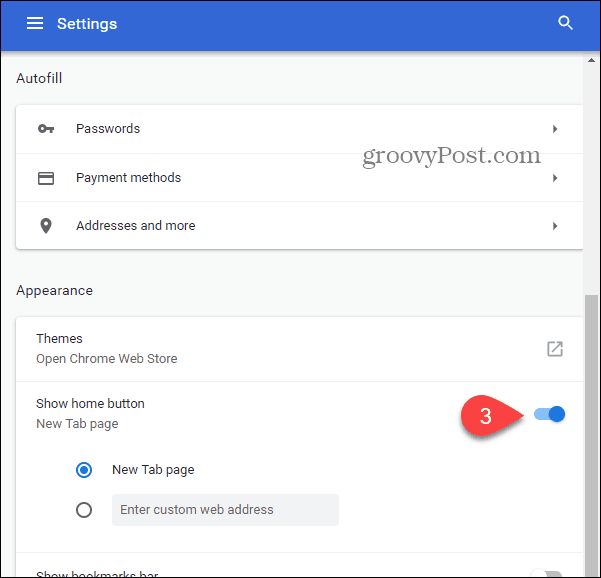Chromeでホームボタンを表示するにはトグルを選択します