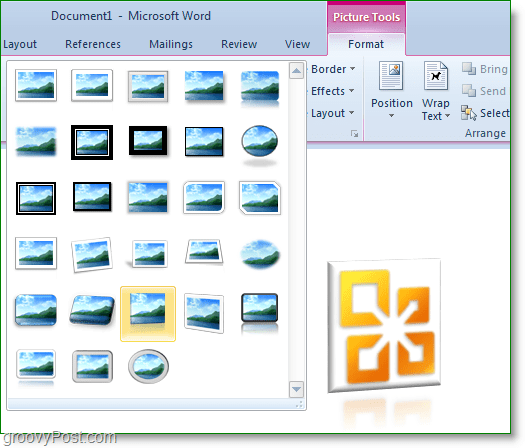 stuha formátovania obrazových nástrojov v programe Word 2010 má veľa skvelých predvolených fotografických efektov