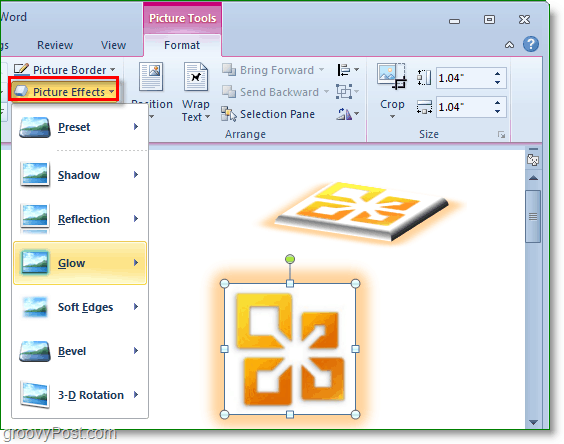 pridajte do obrázkov aplikácie Word 2010 žiara a tieň a efekt 3D rotácie