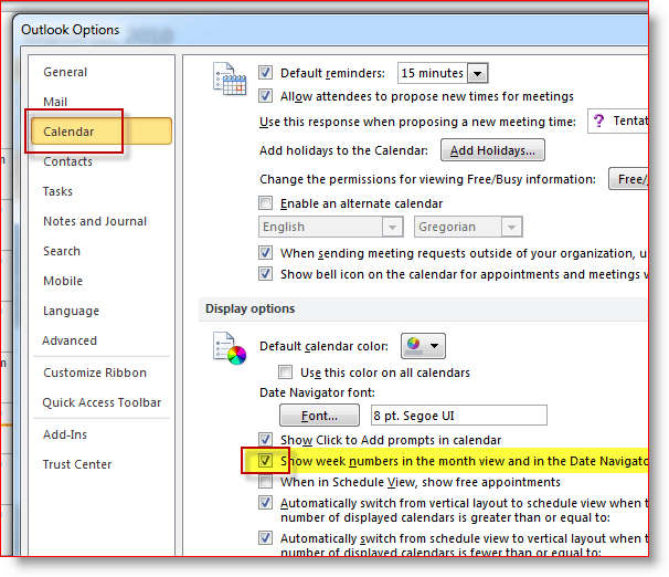 Agregar números de semana al calendario de Outlook 2010