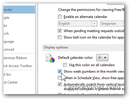 Outlook 2013週番号カレンダーの追加-[月表示で週番号を表示]をクリックします