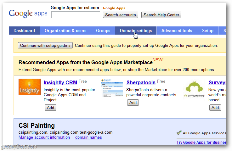 Configurações de domínio do Google Apps no painel de controle de aplicativos