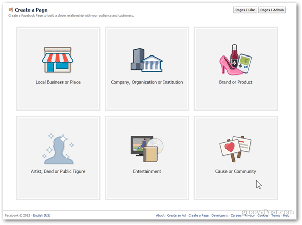 categoria de creare a paginilor facebook