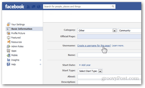 facebook sida inställningar grundläggande information användarnamn skapa ett användarnamn för denna sida