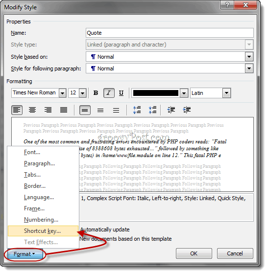 Benutzerdefinierte Tastaturkürzel Word 2010