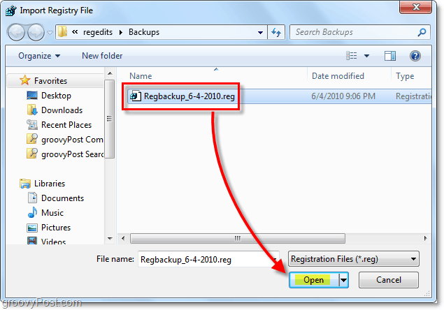 sélection de restauration du registre dans Windows 7 et Vista pour l'importation