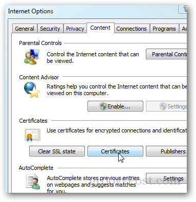 IE9: scheda Contenuto opzioni Internet, certificati