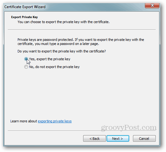 Windows tanúsítvány exportálása - Privát kulcs Igen