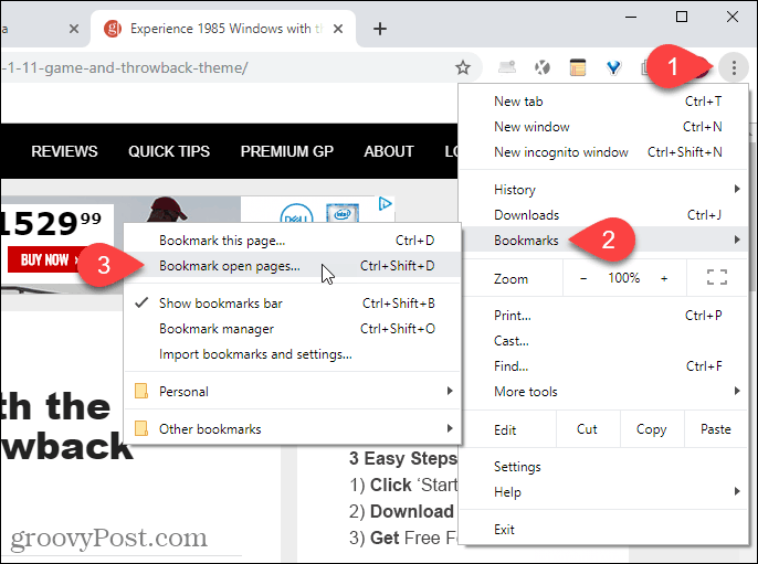 Velg Åpne sider som bokmerke fra Chrome-menyen