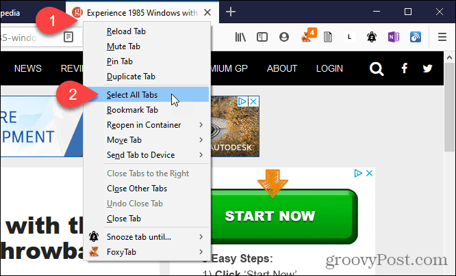 Виберіть Вибрати всі вкладки у Firefox