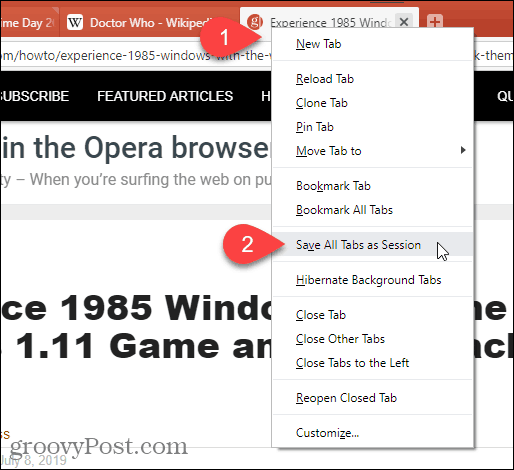 Klik met de rechtermuisknop en selecteer Alle tabbladen opslaan als sessie in Vivaldi