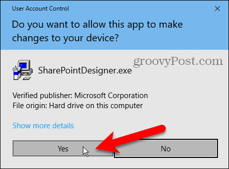 Gebruikersaccountbeheer (UAC) dialoogvenster voor het installeren van Sharepoint Designer 2010