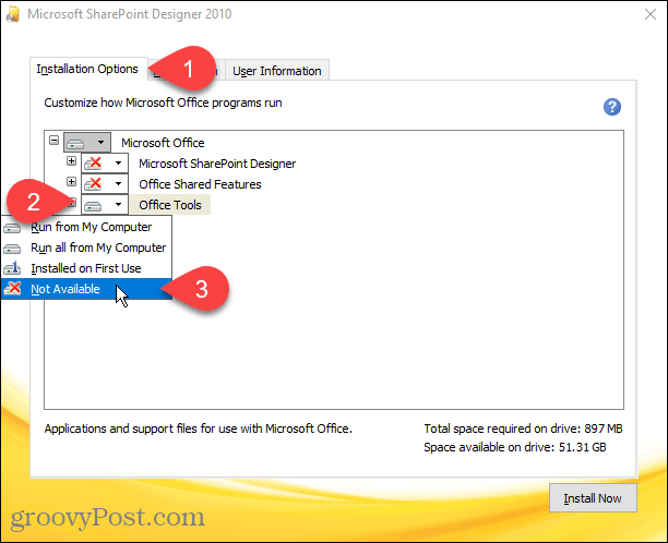 Sharepoint Designer 2010 kurulumundaki tüm modüller için Kullanılamaz'ı seçin