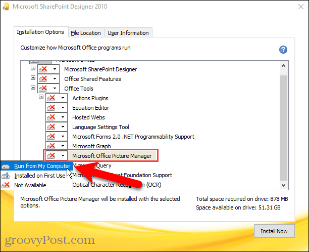 Омогућите Рун из мог рачунара за Мицрософт Оффице Пицтуре Манагер у инсталацији Схарепоинт Десигнер