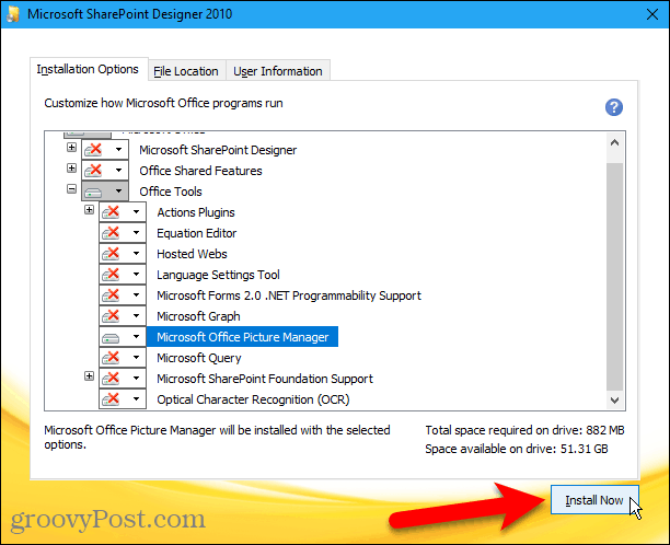 Кликните Инсталирај сада да бисте инсталирали Мицрософт Оффице Пицтуре Манагер из Схарепоинт Десигнера 2010
