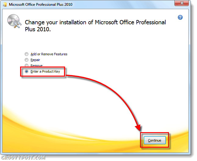 Az Office 2010 termékkulcs-változtatás képernyője