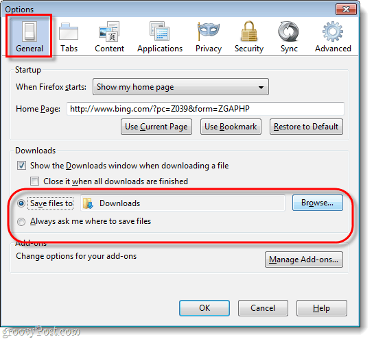 Opzioni generali per firefox 4 e impostazioni di download