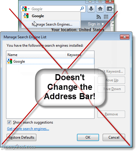 administrar motores de búsqueda en Firefox 4 no cambia el proveedor predeterminado
