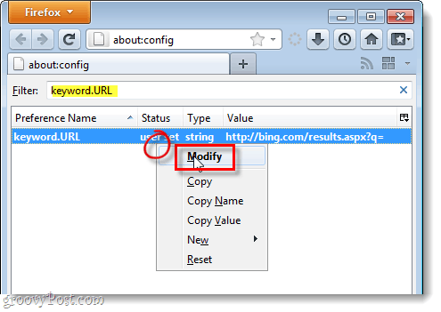 modificar firefox 4 keyword.url al proveedor predeterminado