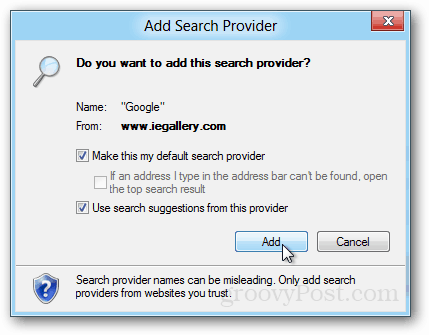 google search provider ie10 lägg till bekräftelse