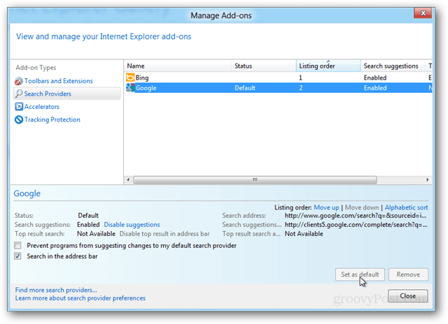 จัดการโปรแกรมเสริม Internet Explorer 10 และผู้ให้บริการค้นหา