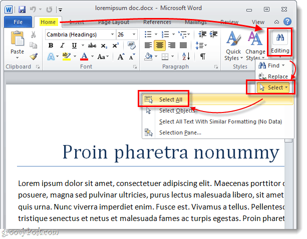 επιλέξτε όλο το κείμενο σε μια λέξη 2010 έγγραφο