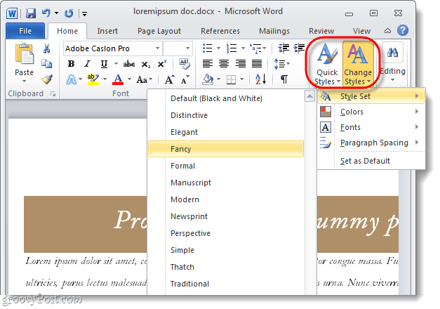 αλλάξτε το σετ στυλ ενός εγγράφου 2010 λέξης