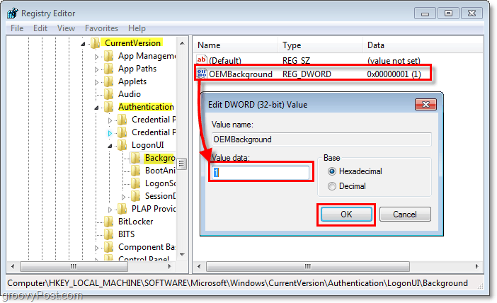 pārlūkojiet Windows 7 reģistra atslēgu ar nosaukumu HKEY_LOCAL_MACHINESOFTWAREMicrosoftWindowsCurrentVersionAuthenticationLogonUIBackground