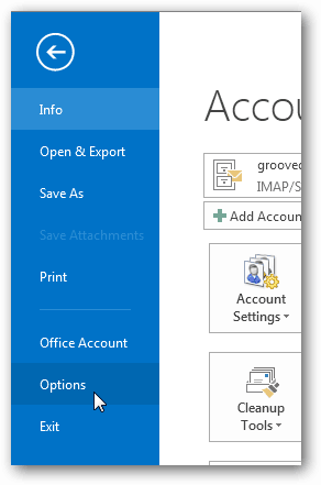 زر الخيارات في Outlook 2013