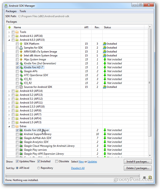 instalēt iekurt uguns HD usb draiveri un api